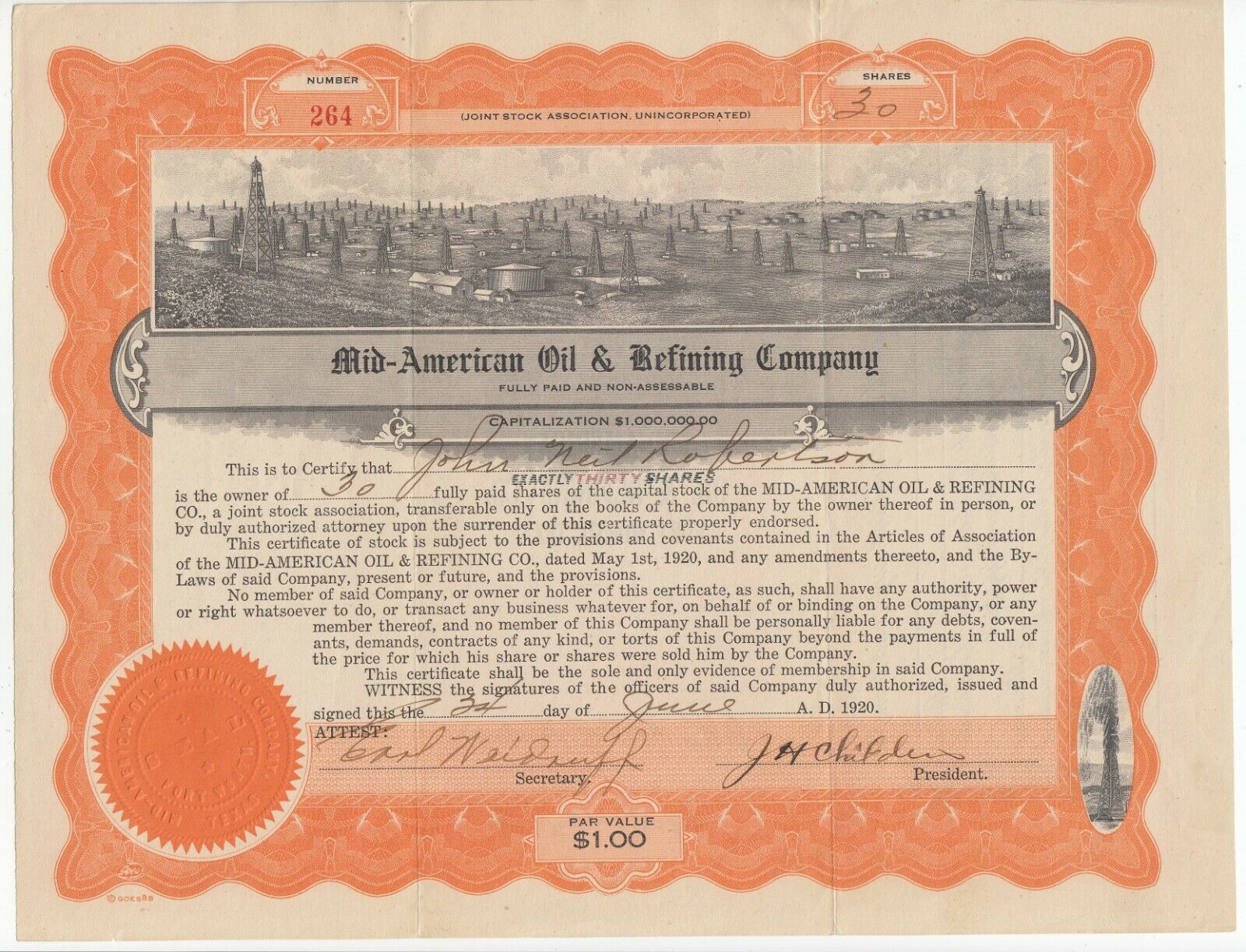 1920 Mid-american Oil & Refining Company Stock Certificate J.h. Childers Texas