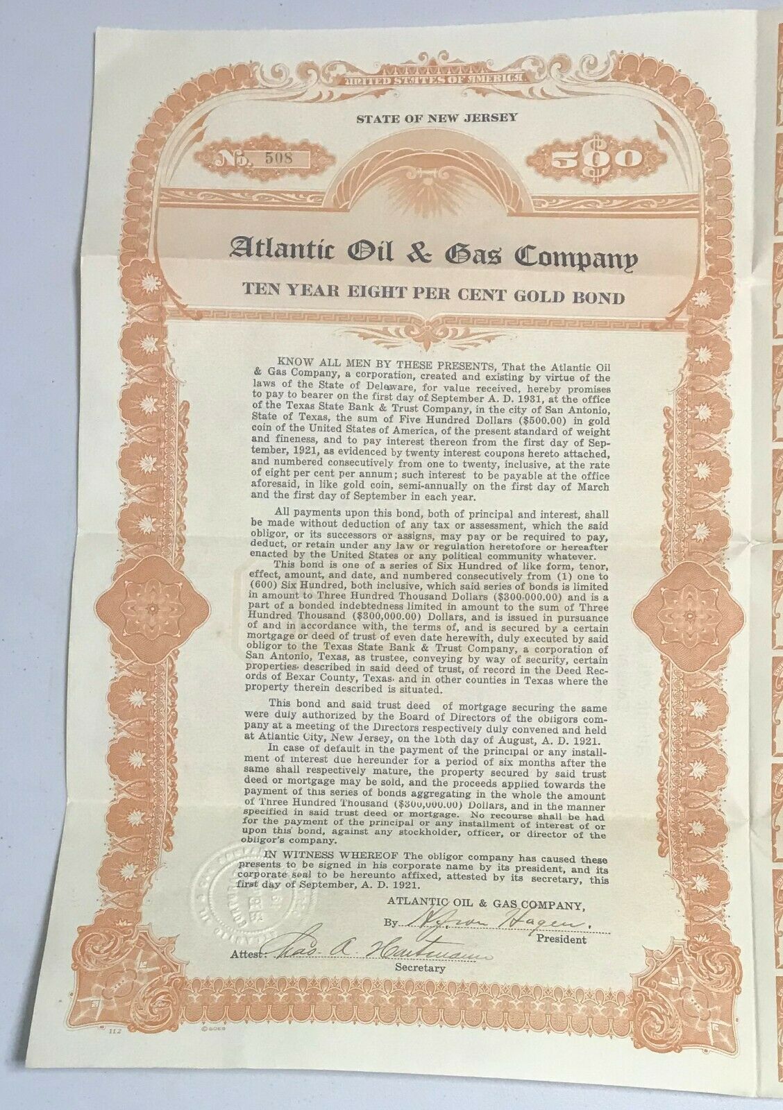 1921 Atlantic Oil & Gas Company $500 Gold Bond Stock Certificate New Jersey