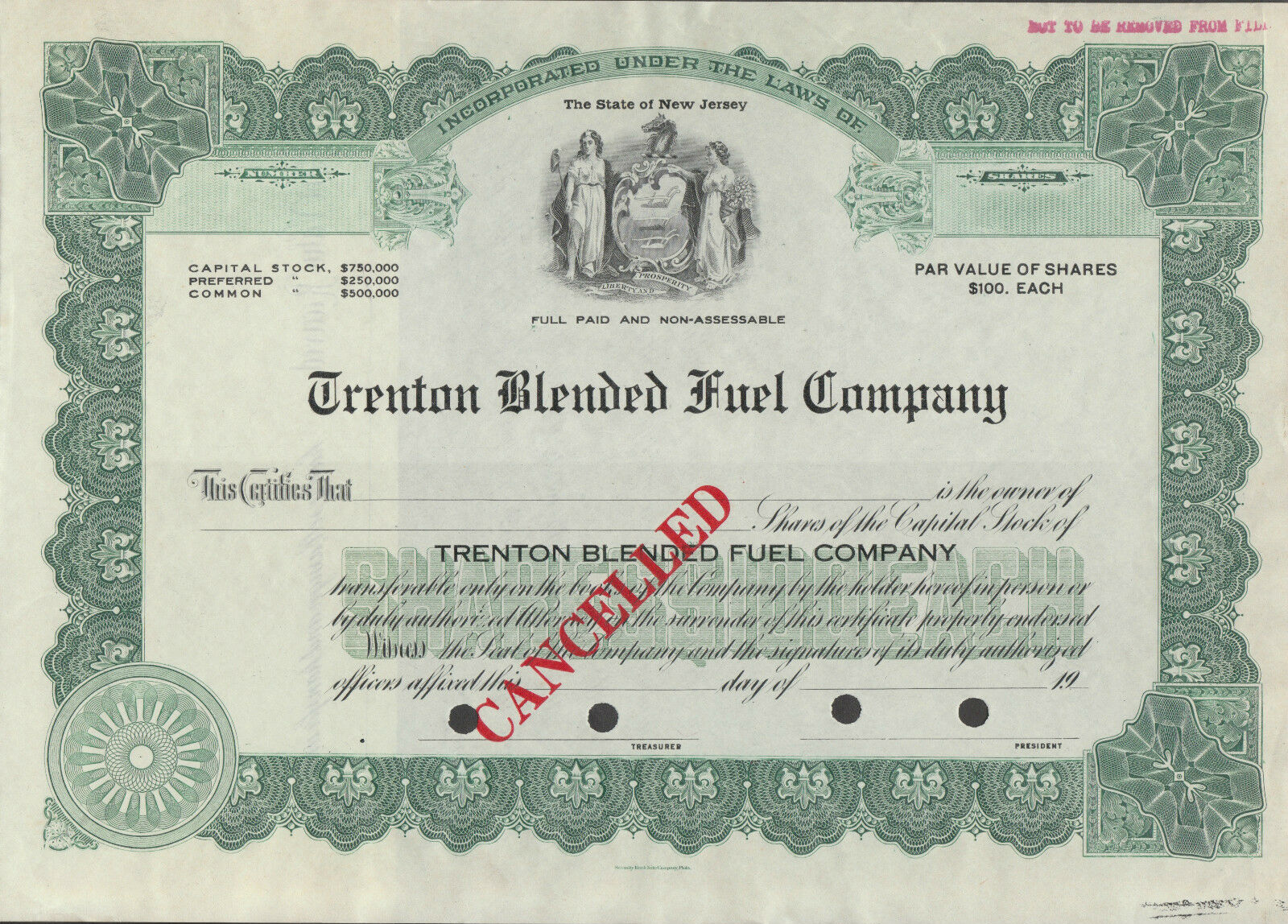 2 Diff. Colors "trenton Blended Fuel Co." Cancelled Stock Certificate Bn7072