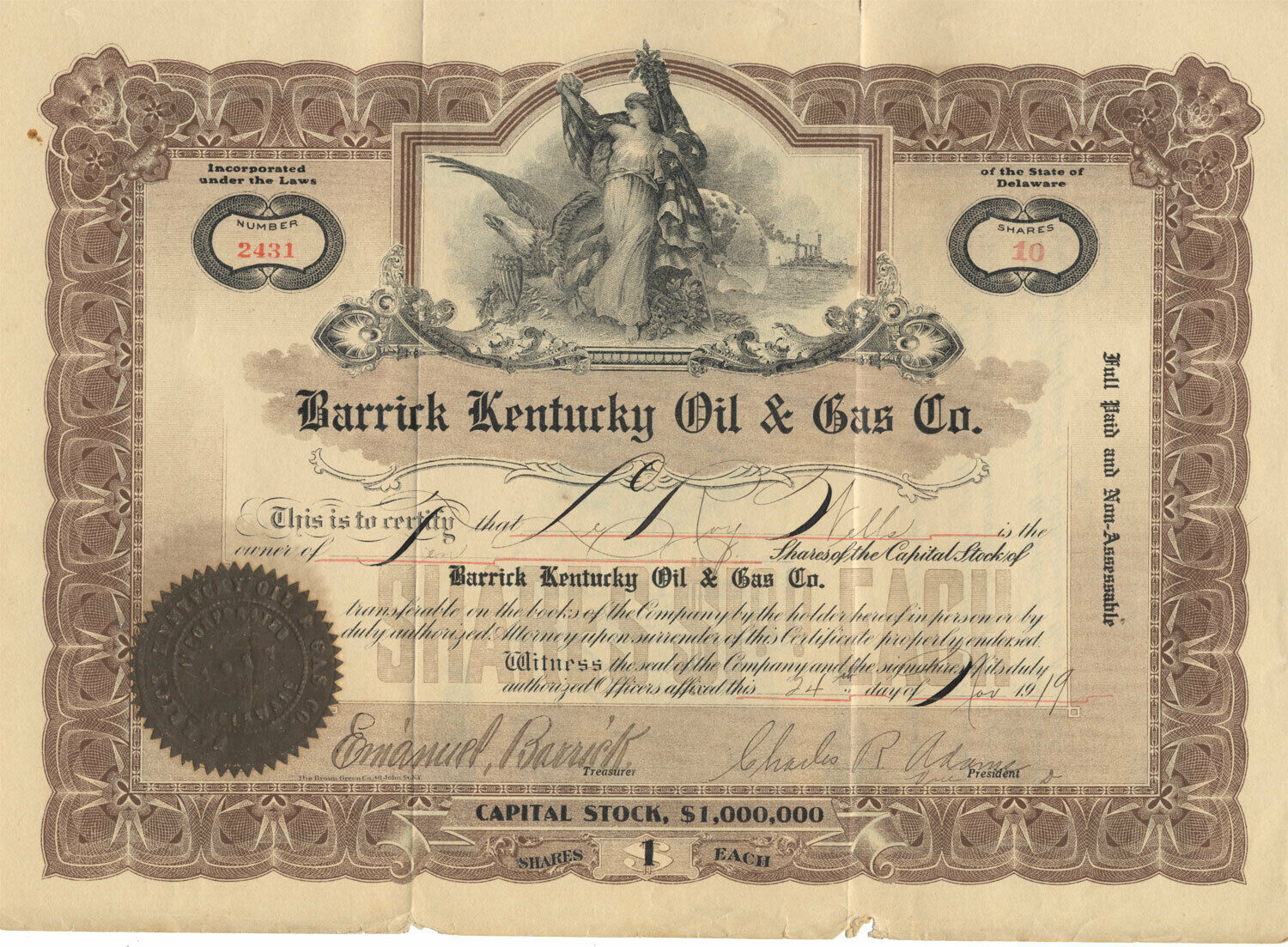 Barrick Kentucky Oil & Gas Co. Stock Certificate