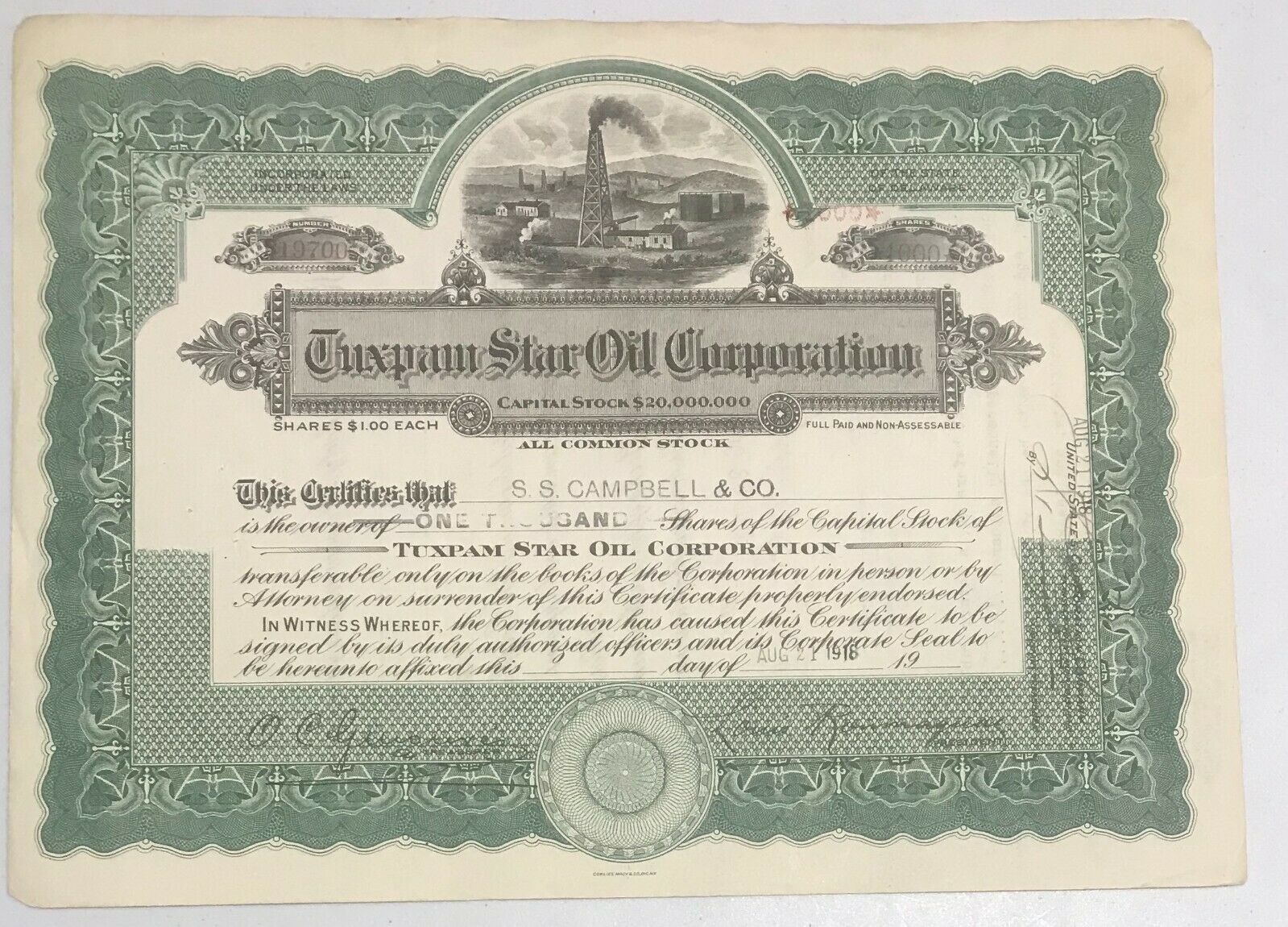 1918 Tuxpam Star Oil Corporation Stock Certificate Green