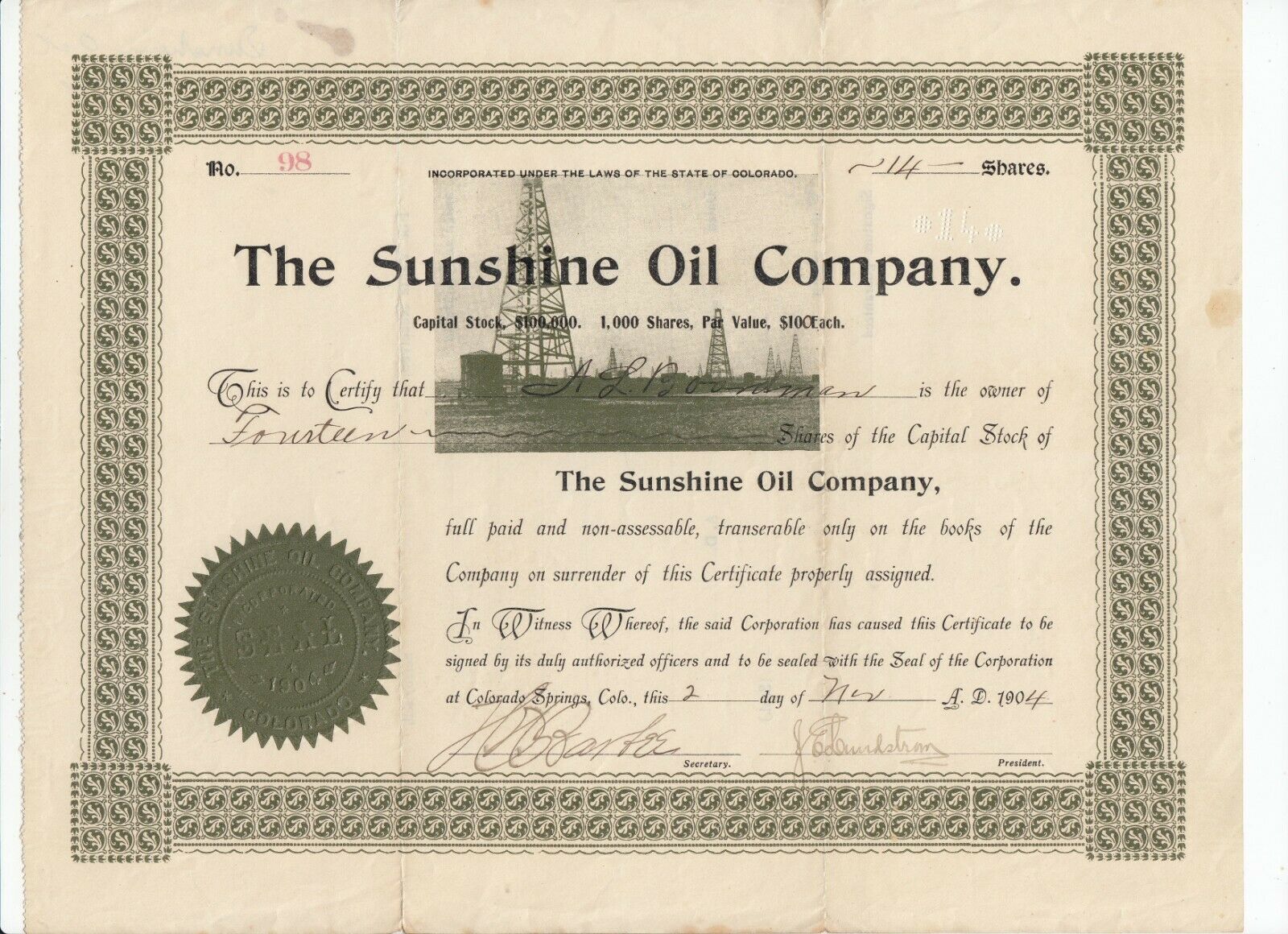 1910 The Sunshine Oil Company Stock Certificate Colorado Chanute Kansas