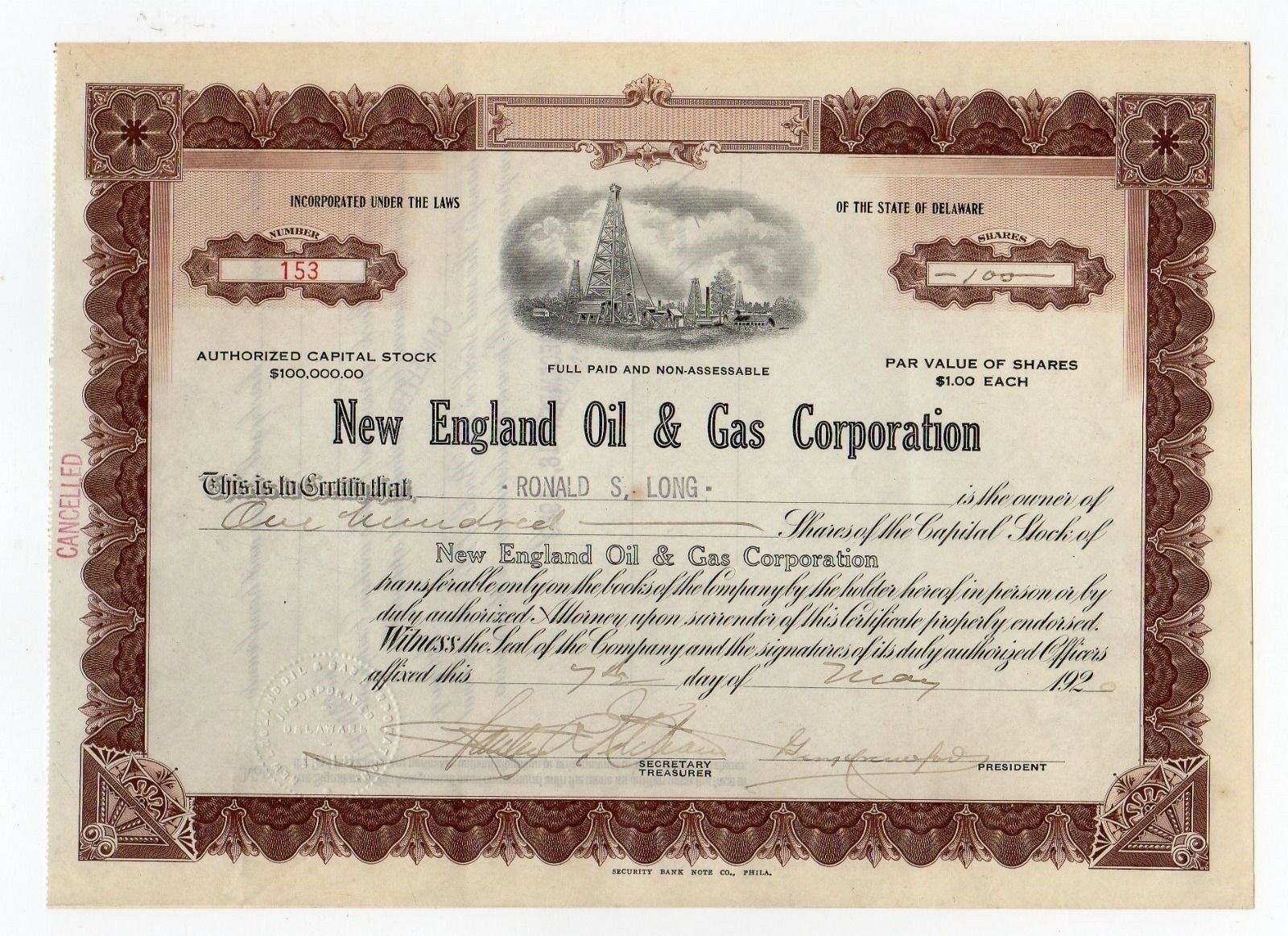 New England Oil & Gas Corp. Stock Certificate