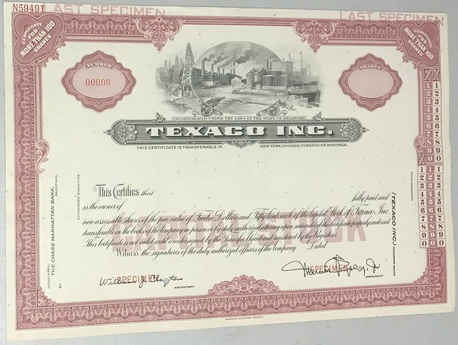 1964-1971 Texaco Inc. Stock Certificate Specimen Red Marion Epley, Jr.