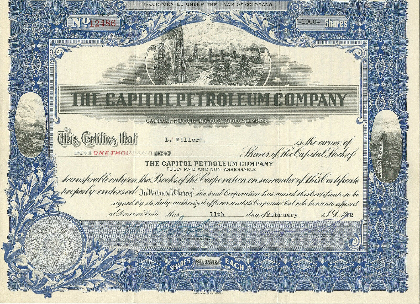 Colorado  Capital Petroleum Co. Stock Certificate 1922, Rocky Mountain Bank Note