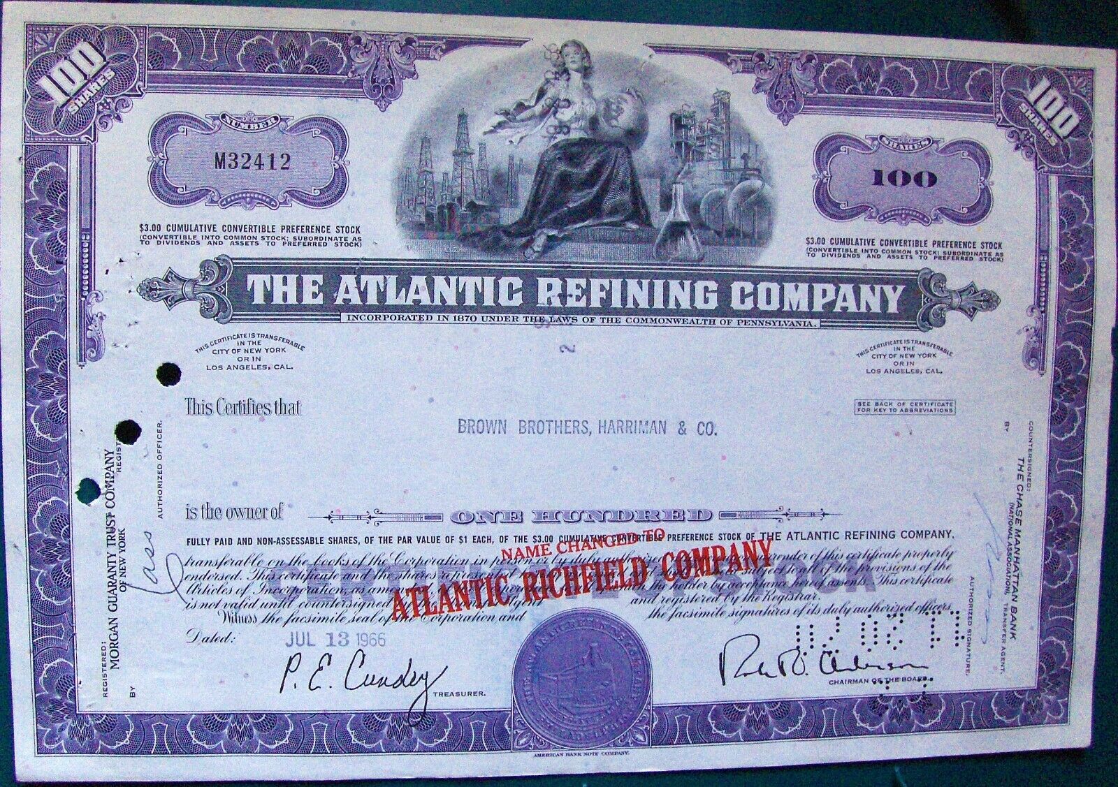 Atlantic Refining (richfield) Company Stock Certificate Payee Brown Brothers Har