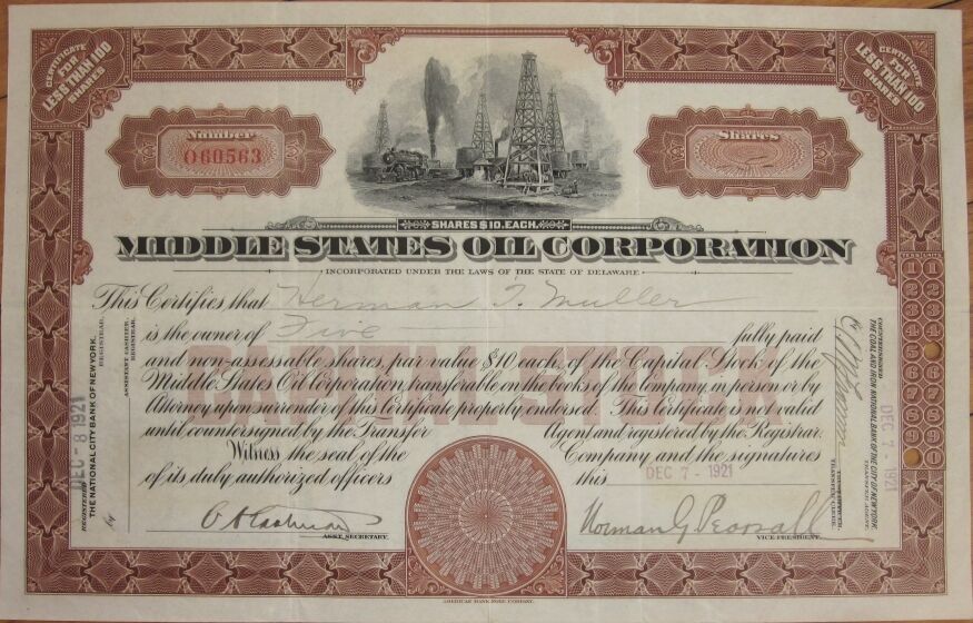 1921 Stock Certificate - Middle States Oil Corporation'
