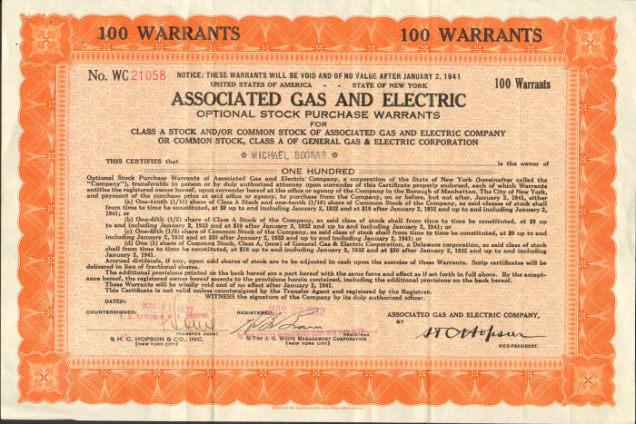 Associated Gas And Electric > New York Stock Purchase Warrants Certificate Share